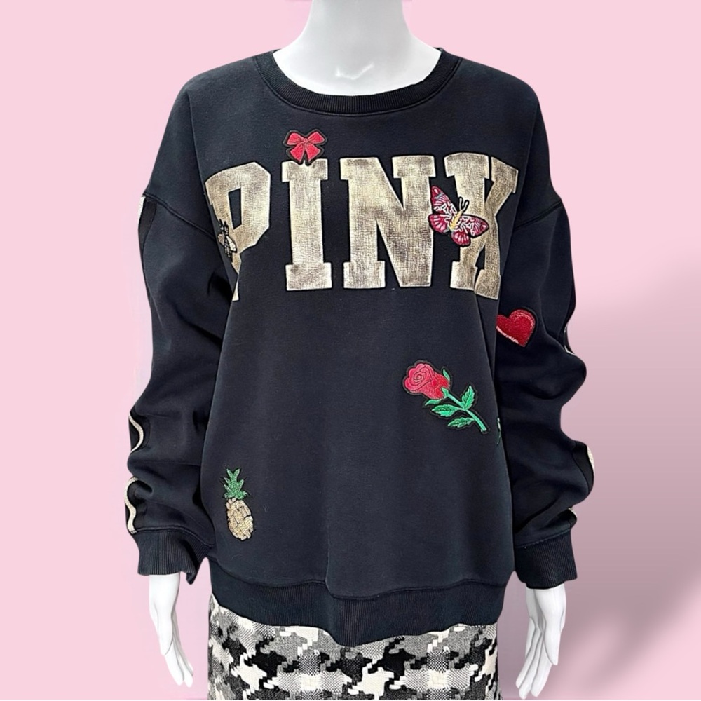 Pink by Victoria Secret Women’s Black  Embroidered Pullover Sweatshirt Sz L